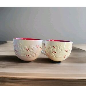 Starbucks 2008 Collectable 12oz Holiday Mugs Embossed Holly Doves Set of 2